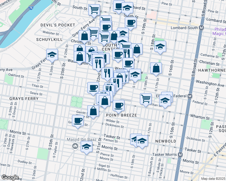 map of restaurants, bars, coffee shops, grocery stores, and more near 2021 Oakford Street in Philadelphia