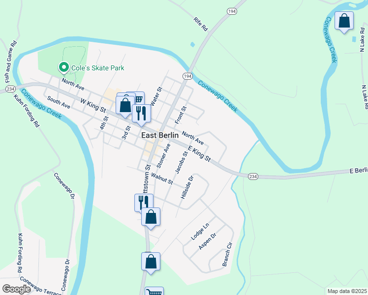 map of restaurants, bars, coffee shops, grocery stores, and more near 127 East King Street in East Berlin