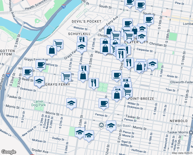 map of restaurants, bars, coffee shops, grocery stores, and more near 1267 South Ringgold Street in Philadelphia