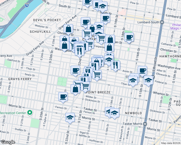 map of restaurants, bars, coffee shops, grocery stores, and more near 1201 South 21st Street in Philadelphia