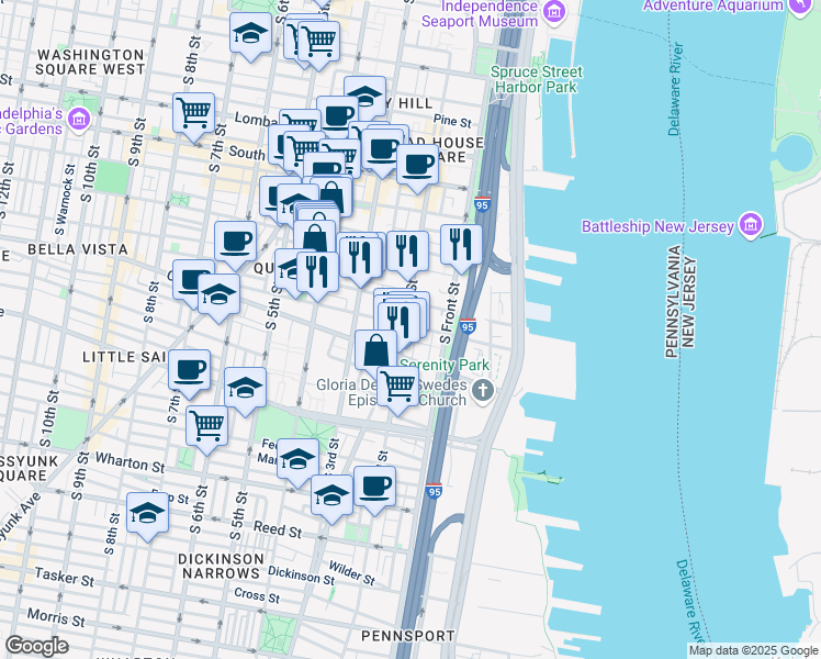 map of restaurants, bars, coffee shops, grocery stores, and more near 827 South 2nd Street in Philadelphia