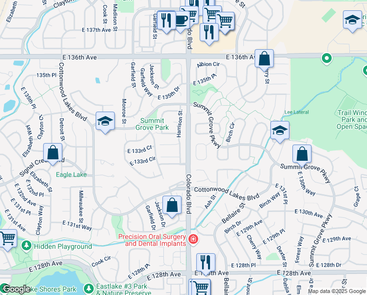 map of restaurants, bars, coffee shops, grocery stores, and more near 13345 Albion Circle in Thornton