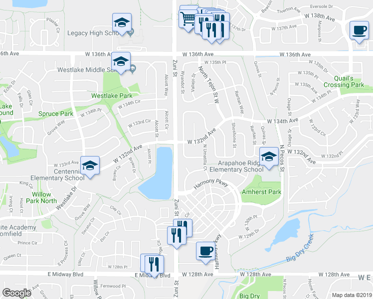 map of restaurants, bars, coffee shops, grocery stores, and more near 13209 Wyandot Street in Westminster