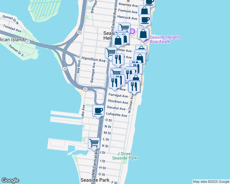 map of restaurants, bars, coffee shops, grocery stores, and more near 22 Ocean Boulevard in Seaside Heights