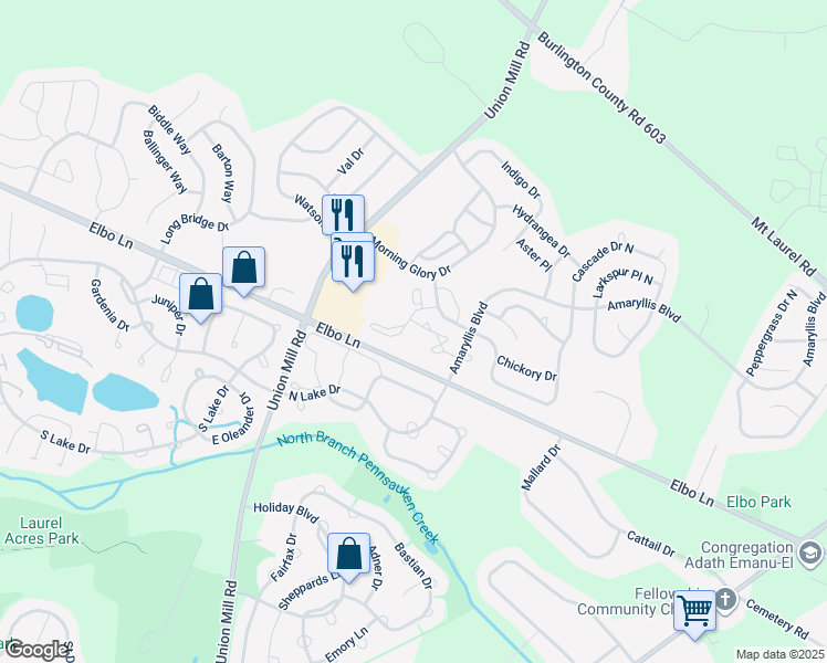 map of restaurants, bars, coffee shops, grocery stores, and more near 1307A Ginger Drive in Mount Laurel Township