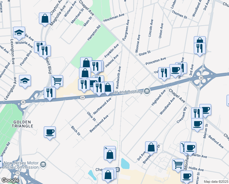 map of restaurants, bars, coffee shops, grocery stores, and more near 632 Kenilworth Avenue in Cherry Hill