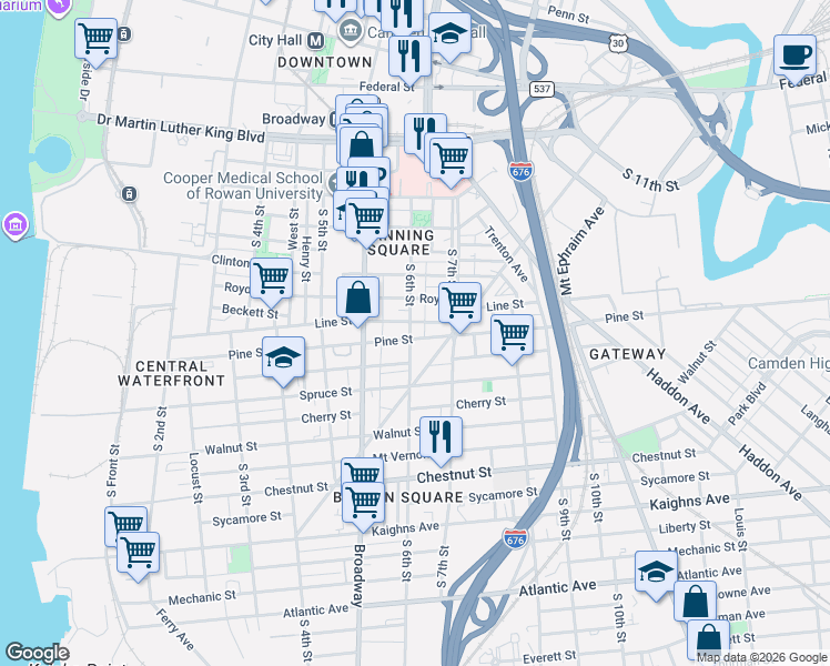 map of restaurants, bars, coffee shops, grocery stores, and more near 602 South 6th Street in Camden