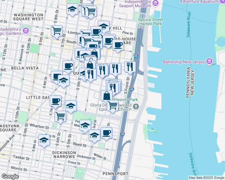 map of restaurants, bars, coffee shops, grocery stores, and more near 212 Catharine Street in Philadelphia