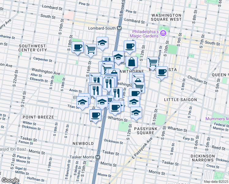 map of restaurants, bars, coffee shops, grocery stores, and more near 1000 South Broad Street in Philadelphia