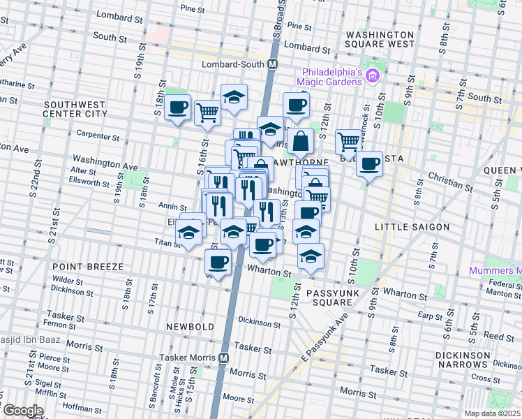 map of restaurants, bars, coffee shops, grocery stores, and more near 1000 South Broad Street in Philadelphia