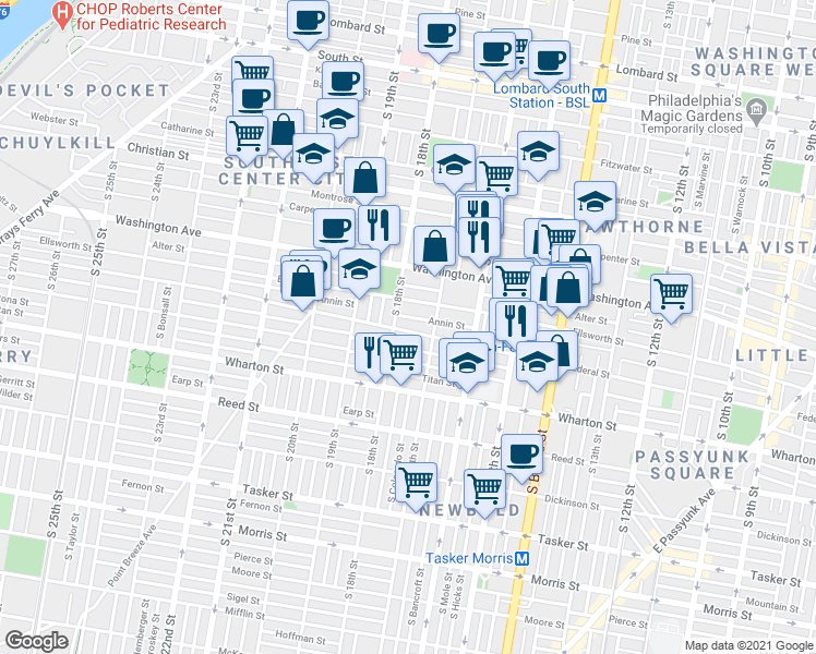 map of restaurants, bars, coffee shops, grocery stores, and more near 1720 Ellsworth Street in Philadelphia