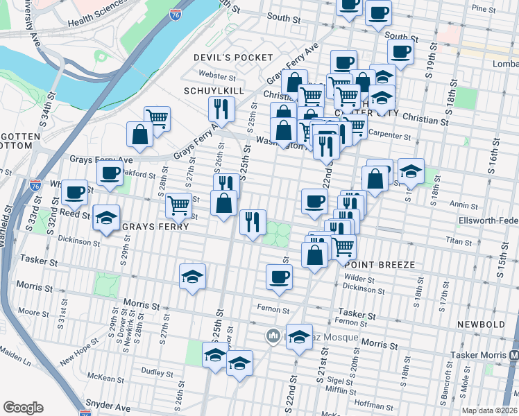 map of restaurants, bars, coffee shops, grocery stores, and more near 2433 Oakford Street in Philadelphia
