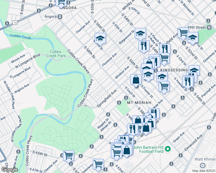 map of restaurants, bars, coffee shops, grocery stores, and more near 1710 South 58th Street in Philadelphia