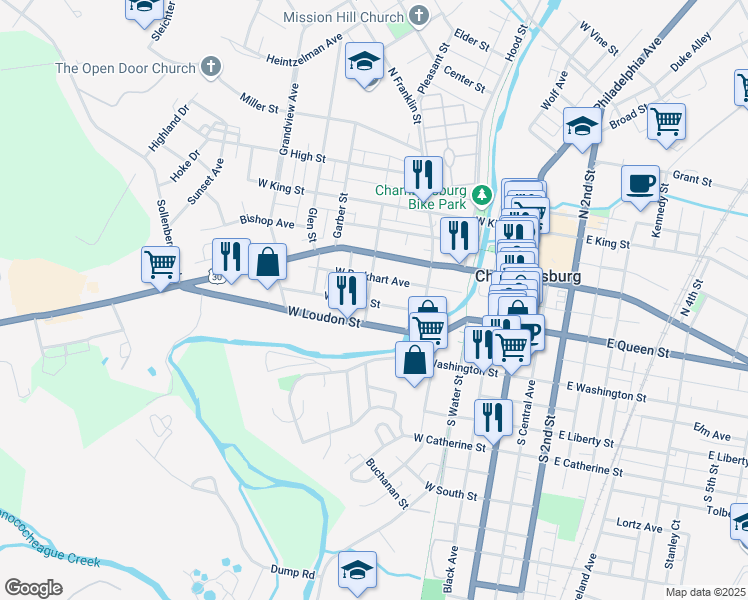 map of restaurants, bars, coffee shops, grocery stores, and more near 265 West Burkhart Avenue in Chambersburg