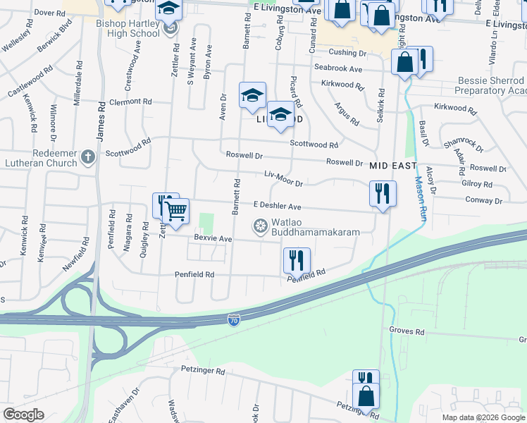 map of restaurants, bars, coffee shops, grocery stores, and more near 1679 Coburg Road in Columbus