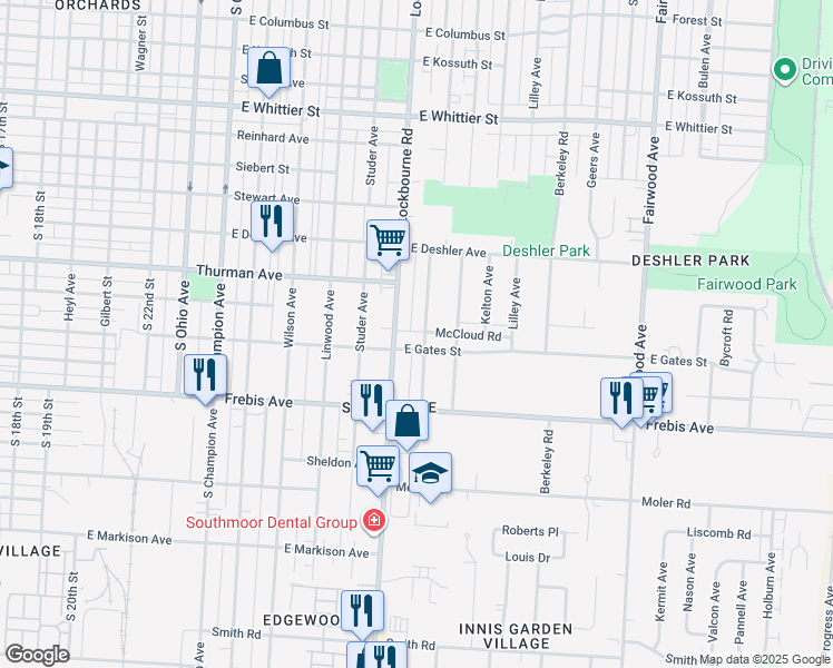 map of restaurants, bars, coffee shops, grocery stores, and more near 1383 Miller Avenue in Columbus