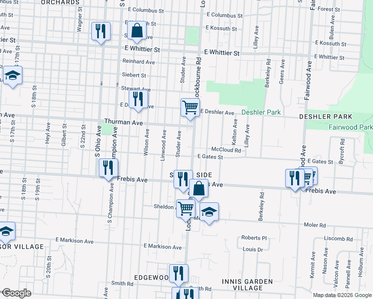 map of restaurants, bars, coffee shops, grocery stores, and more near 1370 Studer Avenue in Columbus