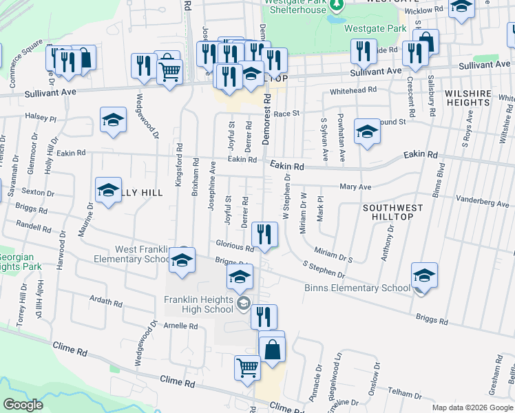 map of restaurants, bars, coffee shops, grocery stores, and more near 802 Demorest Road in Columbus