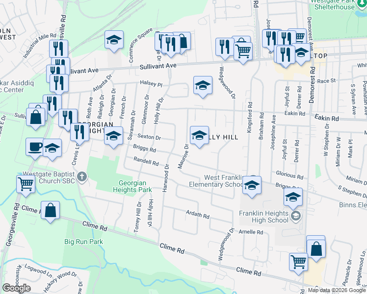 map of restaurants, bars, coffee shops, grocery stores, and more near 776 Harwood Drive in Columbus