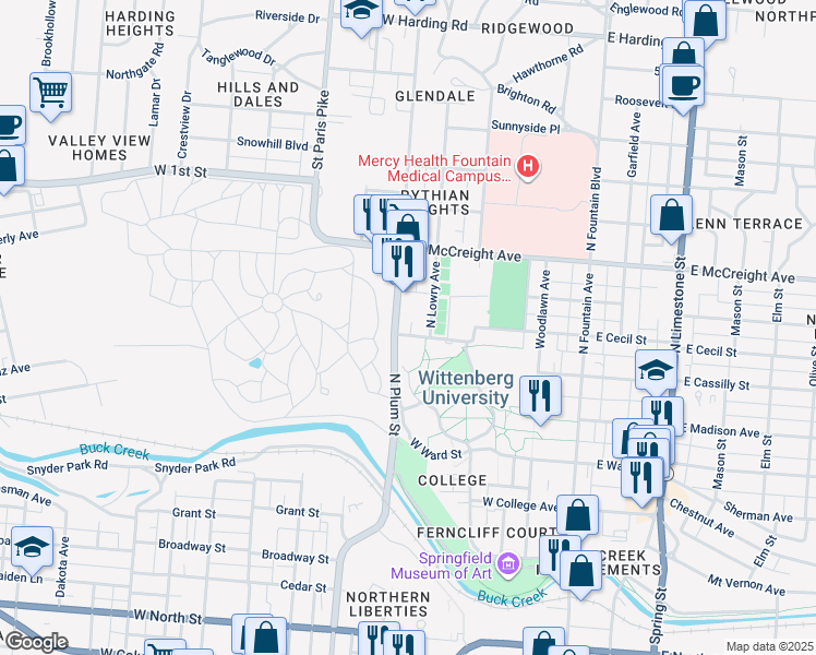 map of restaurants, bars, coffee shops, grocery stores, and more near 1009-1021 North Lowry Avenue in Springfield
