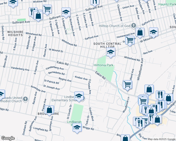 map of restaurants, bars, coffee shops, grocery stores, and more near 2485 Eakin Road in Columbus