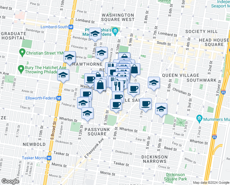 map of restaurants, bars, coffee shops, grocery stores, and more near 933 Washington Avenue in Philadelphia