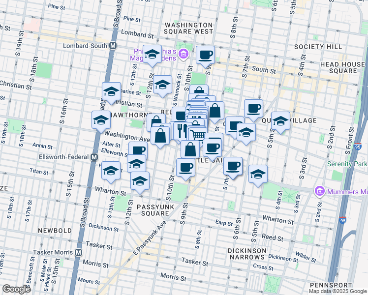 map of restaurants, bars, coffee shops, grocery stores, and more near 933 Washington Avenue in Philadelphia