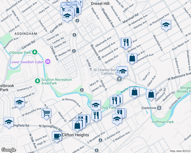 map of restaurants, bars, coffee shops, grocery stores, and more near 3854 Anne Street in Drexel Hill