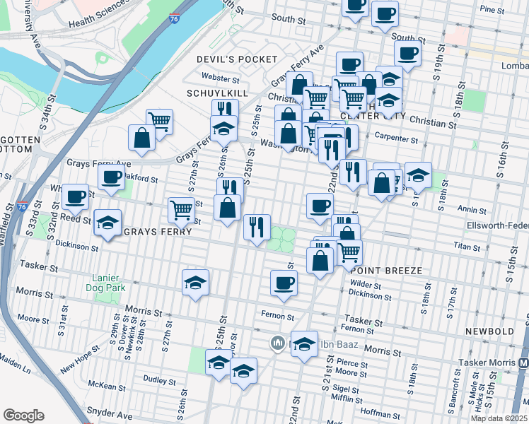 map of restaurants, bars, coffee shops, grocery stores, and more near 1267 South Ringgold Street in Philadelphia