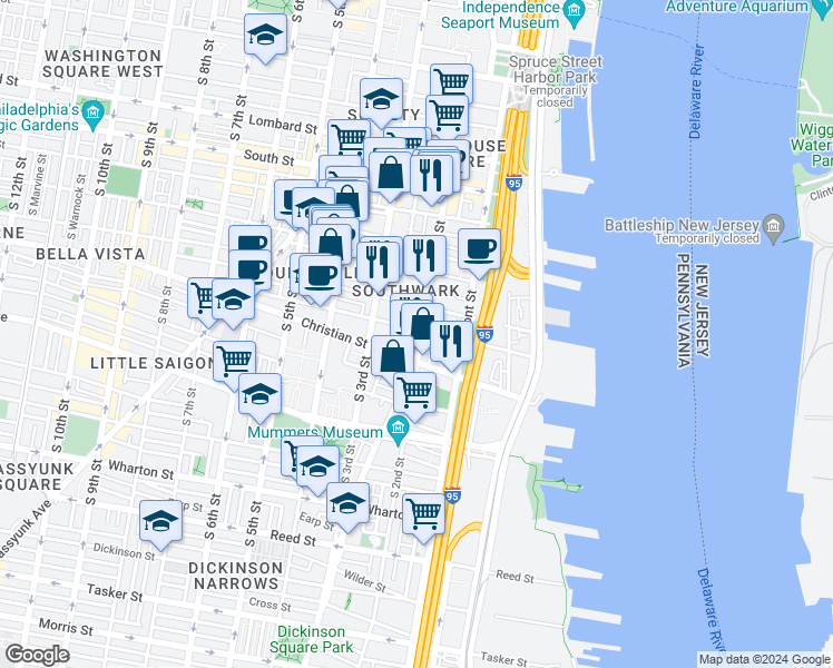 map of restaurants, bars, coffee shops, grocery stores, and more near 826 South 2nd Street in Philadelphia