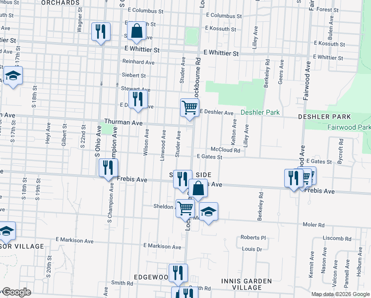 map of restaurants, bars, coffee shops, grocery stores, and more near 1370 Studer Avenue in Columbus