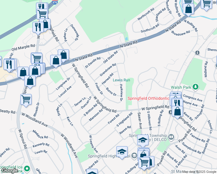 map of restaurants, bars, coffee shops, grocery stores, and more near 435 Burns Drive in Springfield