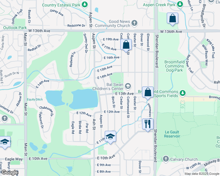 map of restaurants, bars, coffee shops, grocery stores, and more near 1321 Birch Street in Broomfield
