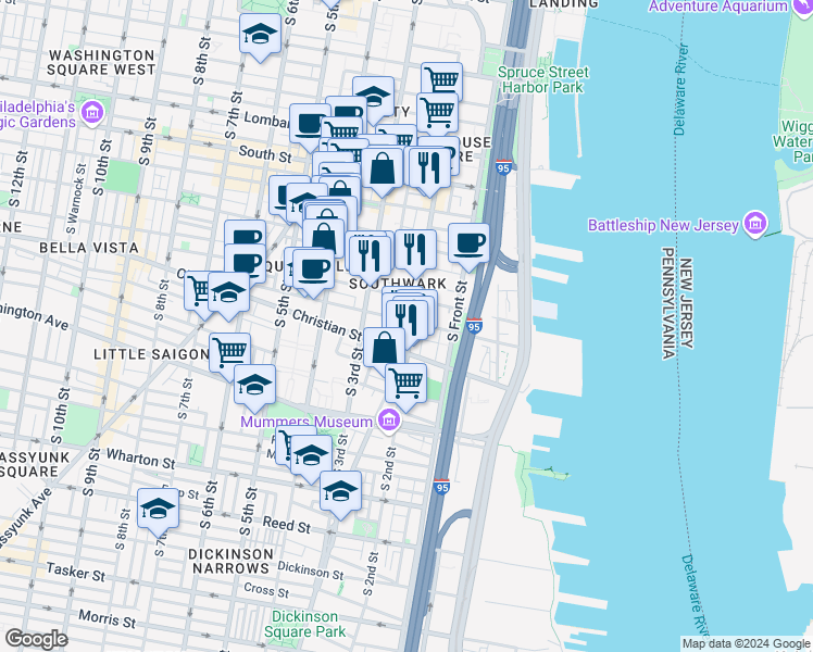 map of restaurants, bars, coffee shops, grocery stores, and more near 826 South 2nd Street in Philadelphia