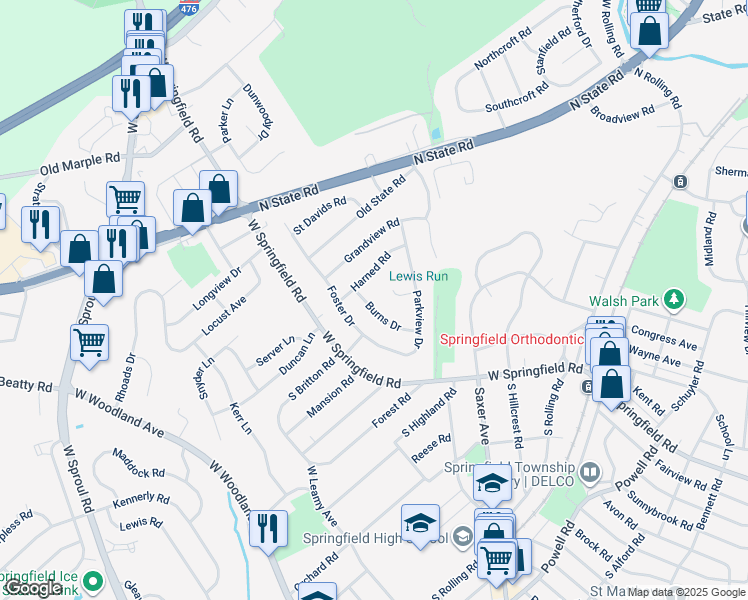 map of restaurants, bars, coffee shops, grocery stores, and more near 435 Burns Drive in Springfield