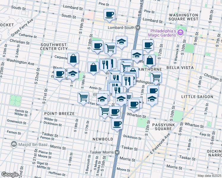 map of restaurants, bars, coffee shops, grocery stores, and more near 1133 South Sydenham Street in Philadelphia