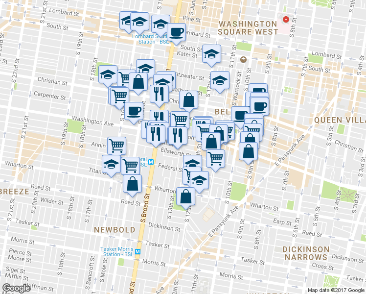 map of restaurants, bars, coffee shops, grocery stores, and more near 1123 South 13th Street in Philadelphia