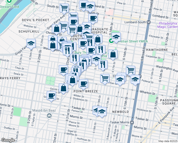 map of restaurants, bars, coffee shops, grocery stores, and more near 1929 Manton Street in Philadelphia