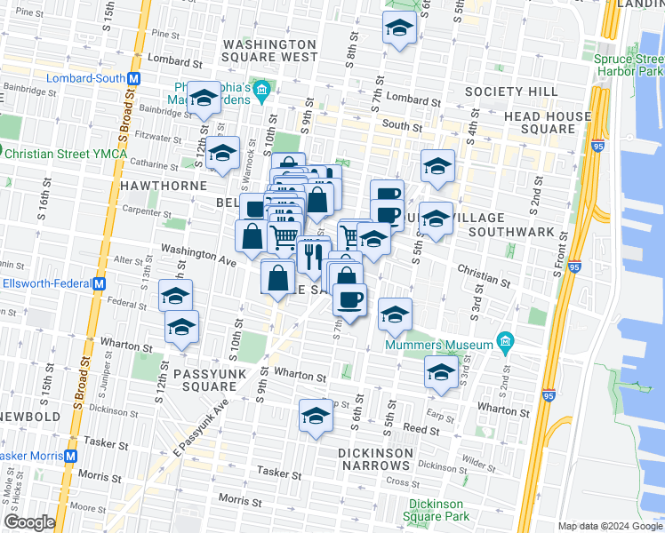 map of restaurants, bars, coffee shops, grocery stores, and more near 722 Carpenter Street in Philadelphia