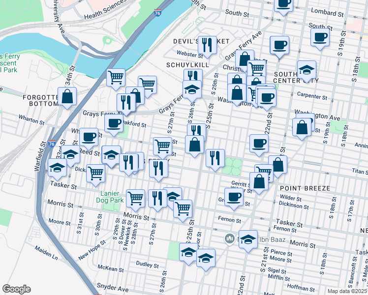 map of restaurants, bars, coffee shops, grocery stores, and more near 1268 South 26th Street in Philadelphia