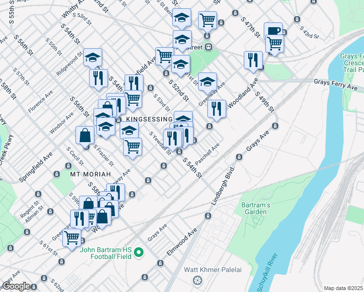 map of restaurants, bars, coffee shops, grocery stores, and more near 5329 Yocum Street in Philadelphia