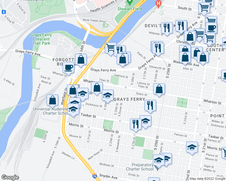 map of restaurants, bars, coffee shops, grocery stores, and more near 1325 South Myrtlewood Street in Philadelphia