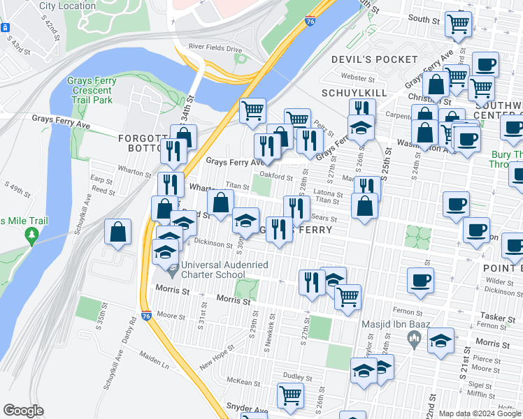map of restaurants, bars, coffee shops, grocery stores, and more near 1322 South Hollywood Street in Philadelphia