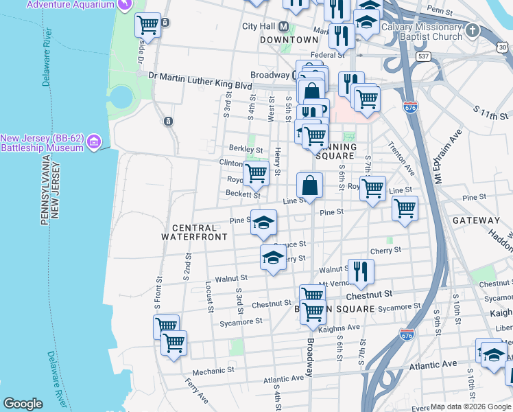 map of restaurants, bars, coffee shops, grocery stores, and more near 701 South 4th Street in Camden