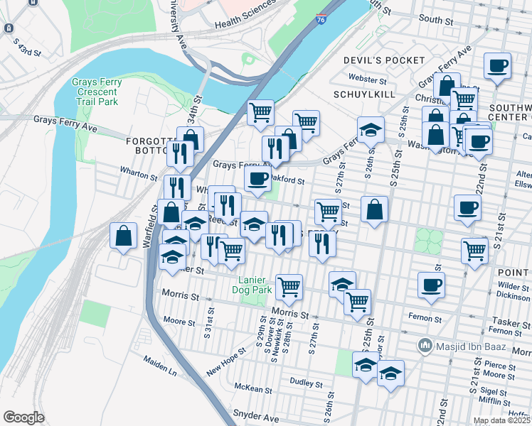 map of restaurants, bars, coffee shops, grocery stores, and more near 1325 South Myrtlewood Street in Philadelphia