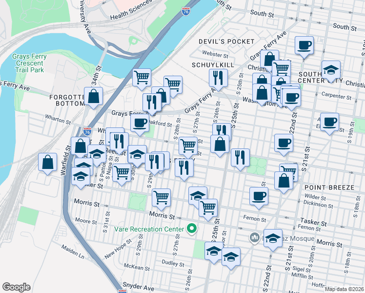 map of restaurants, bars, coffee shops, grocery stores, and more near 1266 South 28th Street in Philadelphia