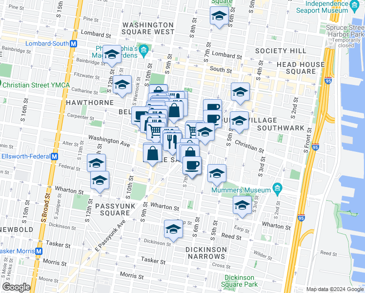 map of restaurants, bars, coffee shops, grocery stores, and more near 722 Carpenter Street in Philadelphia