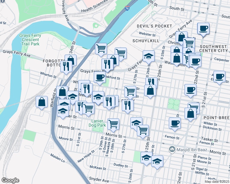 map of restaurants, bars, coffee shops, grocery stores, and more near 1313 South Dover Street in Philadelphia