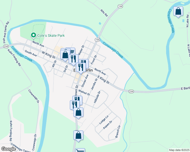 map of restaurants, bars, coffee shops, grocery stores, and more near 127 East King Street in East Berlin