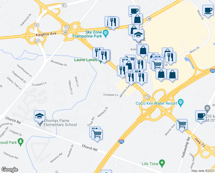 map of restaurants, bars, coffee shops, grocery stores, and more near 2813 Route 73 South in Maple Shade Township
